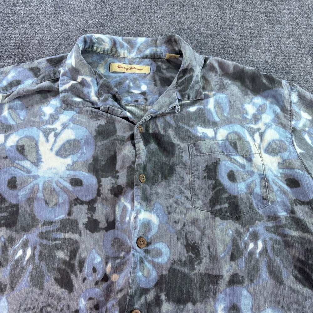 Tommy Bahama Shirt Mens XL Blue Grey Silk Floral Tropical Camp Button Up